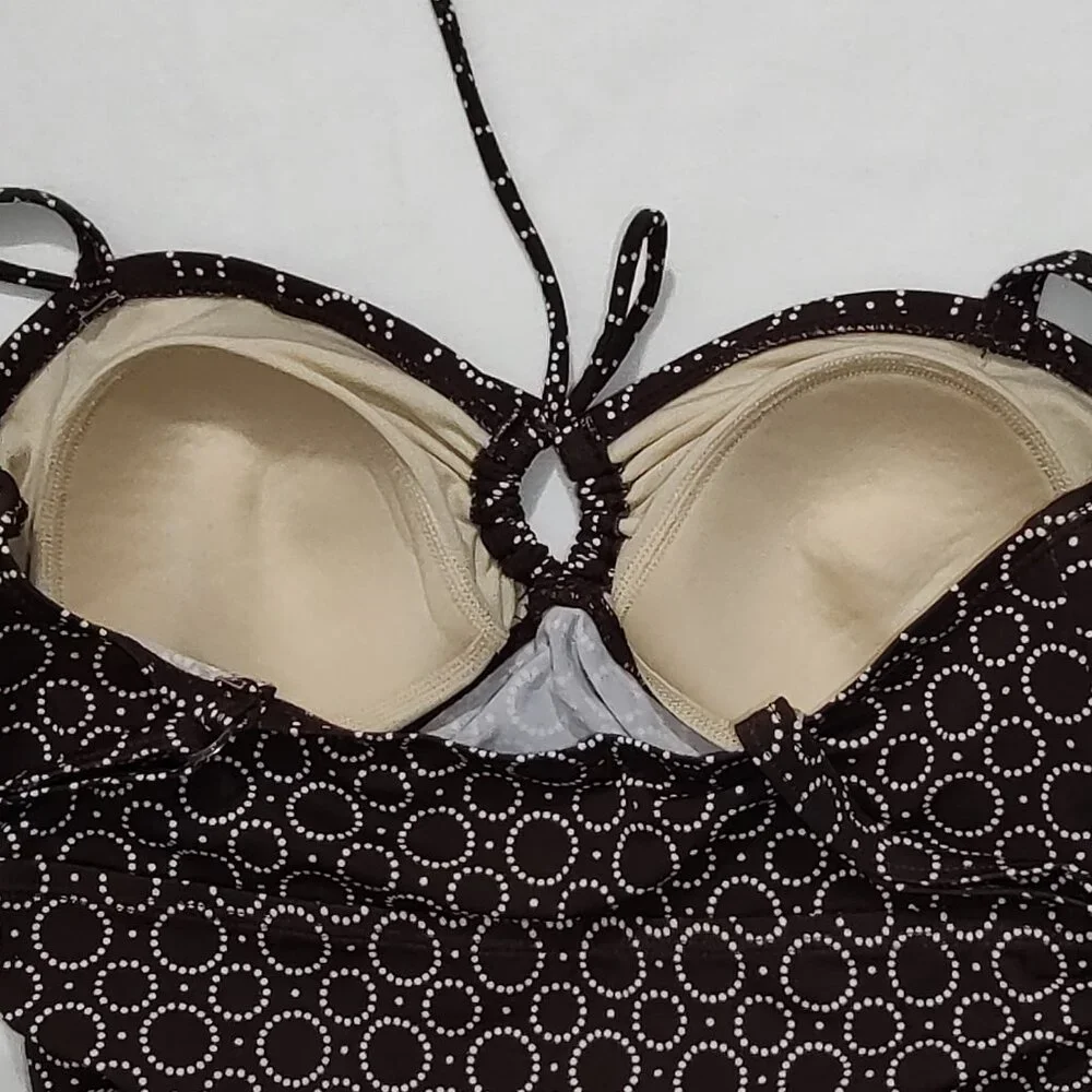 Motherhood Maternity Swim Top Sz S Tankini Ruched Brown Circles Geometric Padded